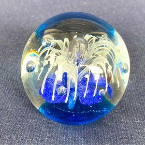 Stunning  Art Glass Cobalt Blue & White Flowers Controlled Bubble Paperweight